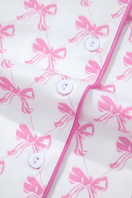 Women's Pink Bow Print Pajama Set - Short Sleeve Top & Ruffled Shorts