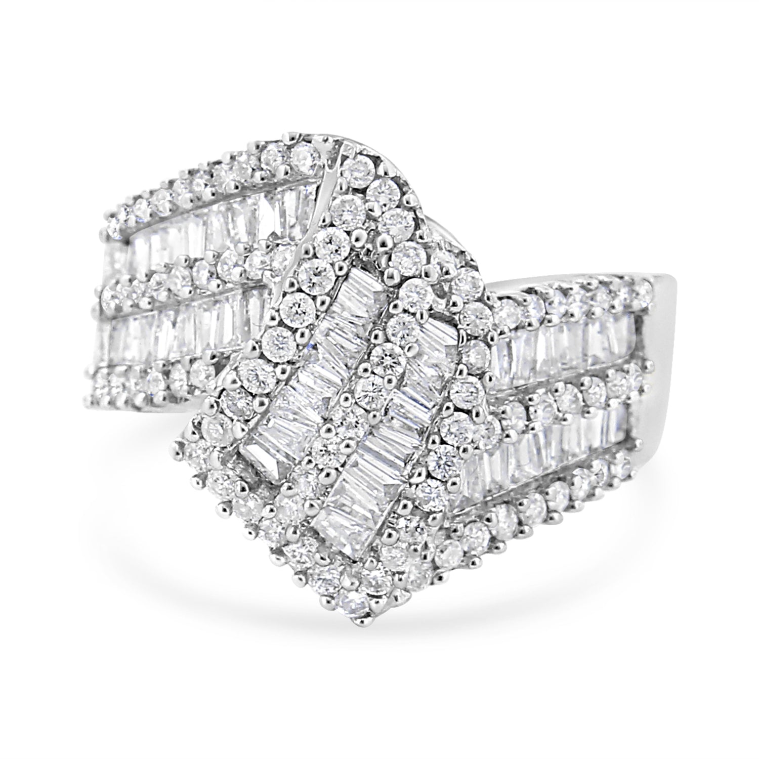 14K White Gold 1-1/2 Cttw Round and Baguette Diamond Bypass Cocktail Ring Band (H-I Color, SI1-SI2 Clarity) - Size 7 by Bids.com
