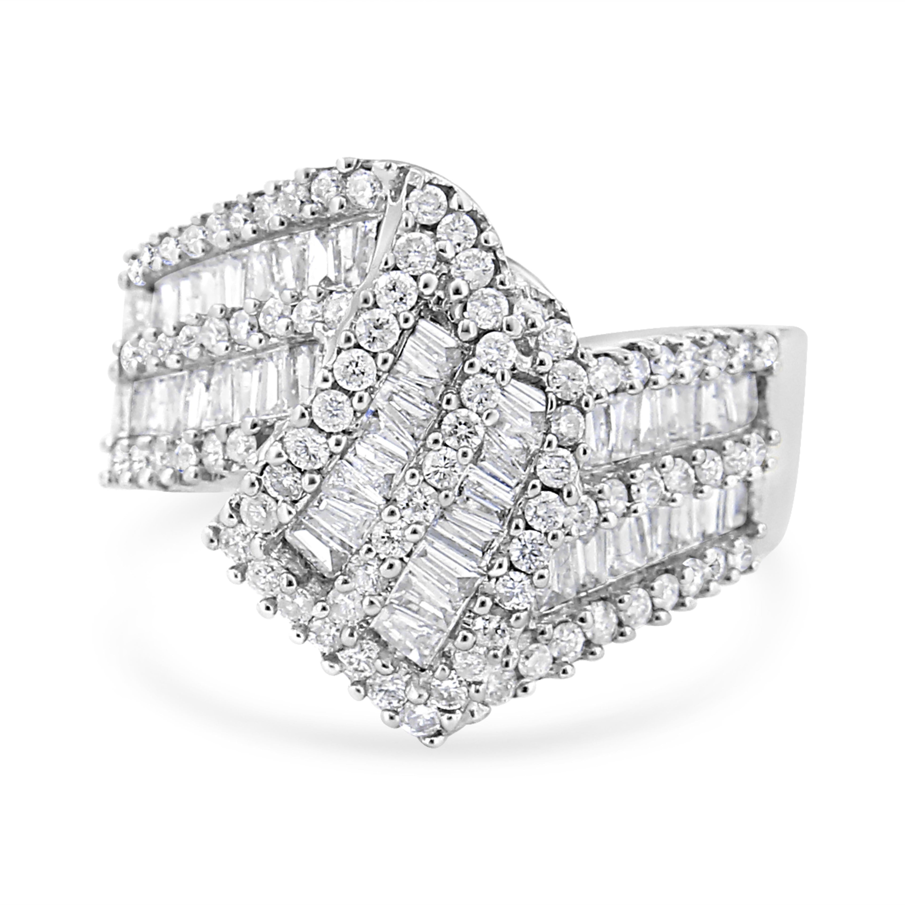 14K White Gold 1-1/2 Cttw Round and Baguette Diamond Bypass Cocktail Ring Band (H-I Color, SI1-SI2 Clarity) - Size 7 by Bids.com