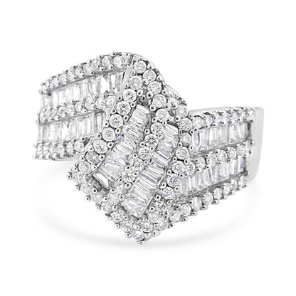 14K White Gold 1-1/2 Cttw Round and Baguette Diamond Bypass Cocktail Ring Band (H-I Color, SI1-SI2 Clarity) - Size 7 by Bids.com