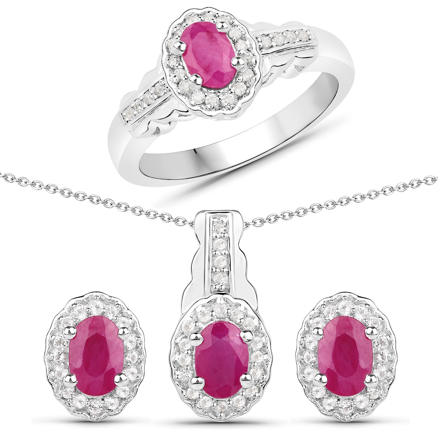 2.46 Carat Genuine Ruby and White Topaz .925 Sterling Silver 3 Piece Jewelry Set (Ring, Earrings, and Pendant w/ Chain)  DestGlow