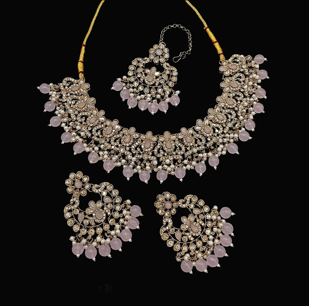 Joban Fashion Light Peach Stone Work Necklace Set