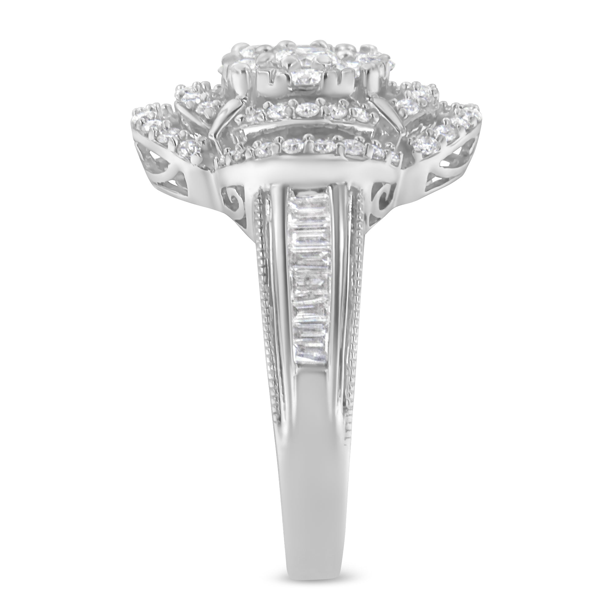 14K White Gold 1.0 Cttw Round &amp; Baguette Cut Diamond Floral Cluster Quatrefoil Channel Set Band Cocktail Statement Ring (H-I Color, SI2-I1 Clarity) - Size 6-3/4 