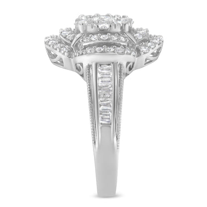 14K White Gold 1.0 Cttw Round &amp; Baguette Cut Diamond Floral Cluster Quatrefoil Channel Set Band Cocktail Statement Ring (H-I Color, SI2-I1 Clarity) - Size 6-3/4 