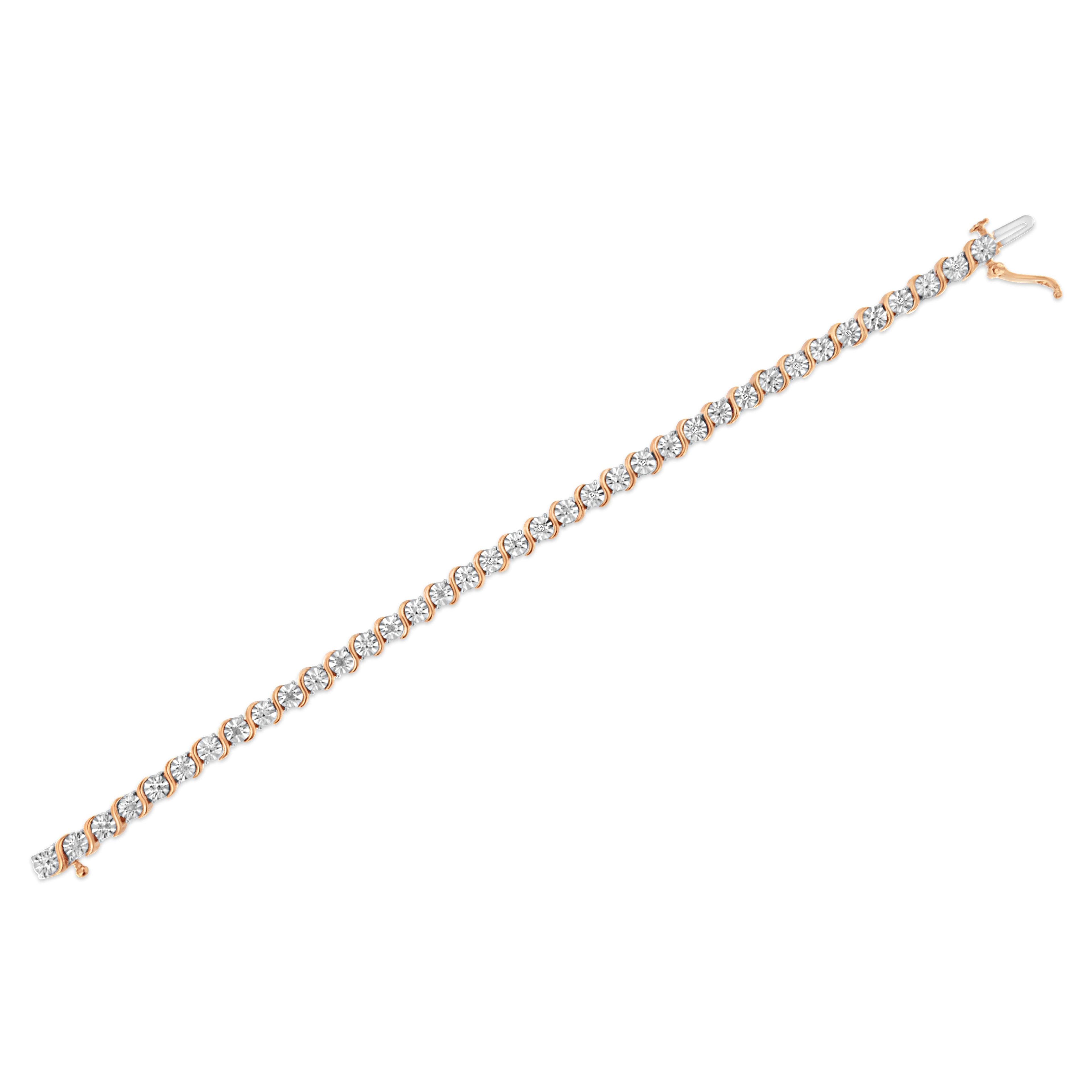 14K Rose Gold Plated .925 Sterling Silver 1/10 Cttw Diamond Round Miracle Plate and "S" Link Tennis Bracelet (I-J Color, I2- I3 Clarity) - 7" by Bids.com