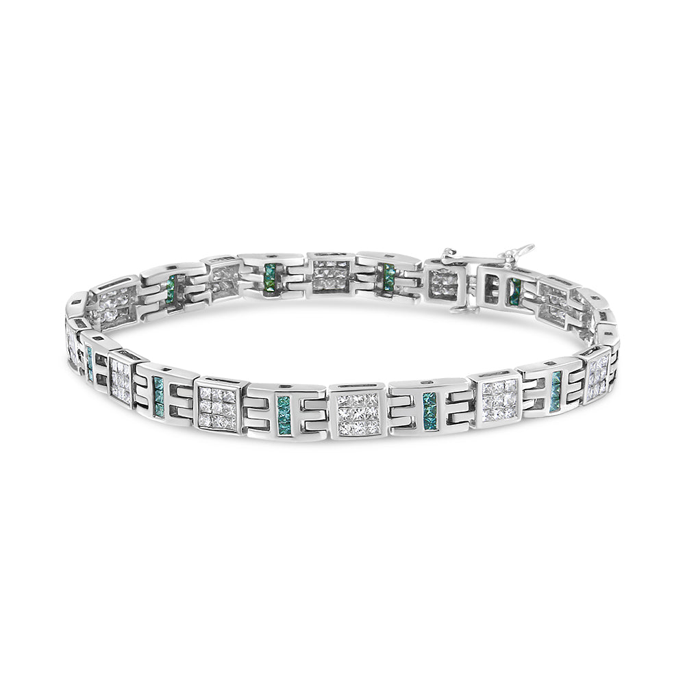 14K White Gold Princess-Cut white and Blue Diamond 3.00 cttw Fashion Link Bracelet (H-I Color, SI1-SI2 Clarity) by Bids.com