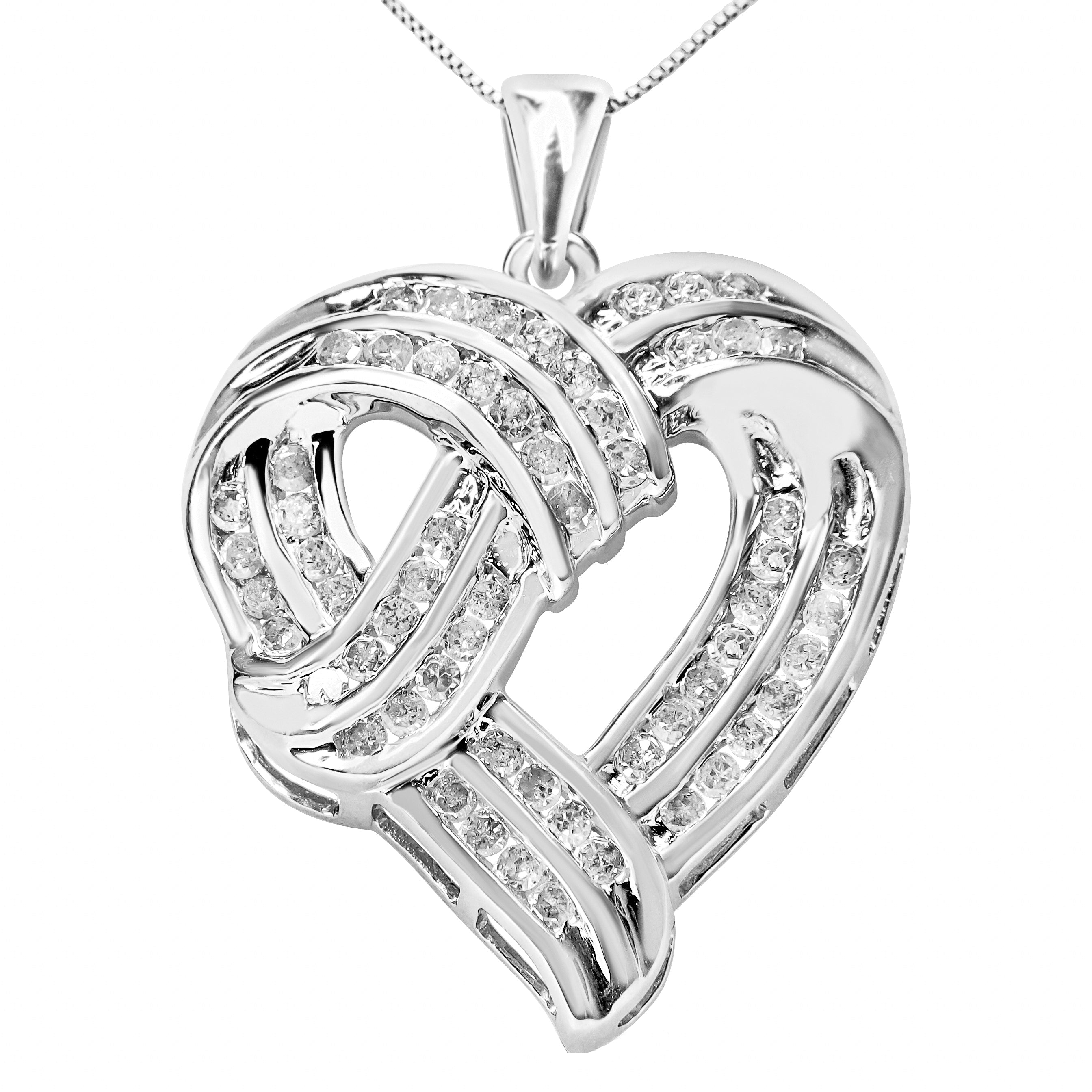 .925 Sterling Silver 1 1/4 Cttw Round Diamond Openwork Ribbon Weave Heart Pendant 18" Necklace (I-J Color, I3 Clarity) by Bids.com