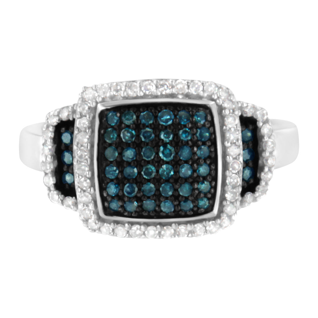 Black Rhodium Plated .925 Sterling Silver 1/2 Cttw White &amp; Blue Diamond Square Halo Cocktail Ring (Fancy Blue &amp; H-I Color, I2-I3 Clarity) - SIze 6 by Bids.com