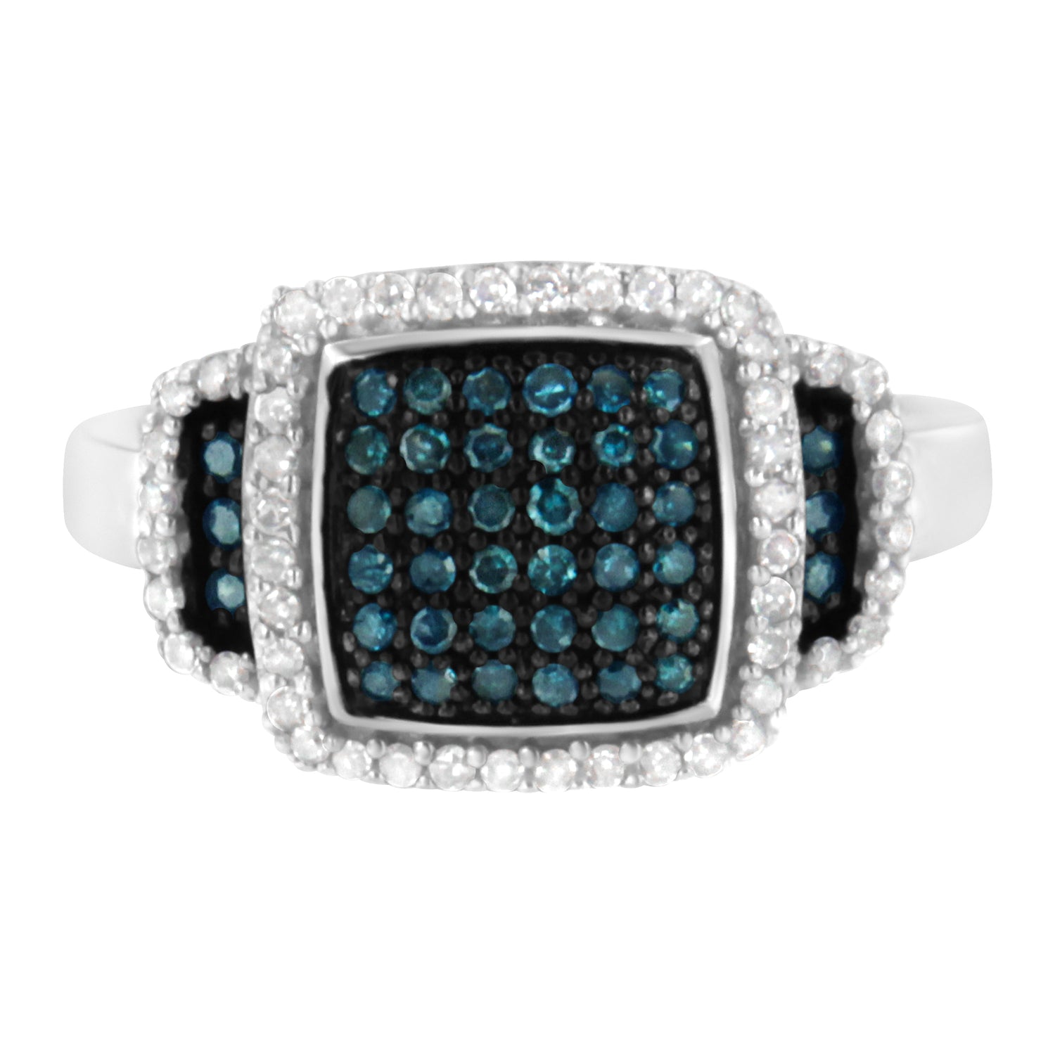 Black Rhodium Plated .925 Sterling Silver 1/2 Cttw White &amp; Blue Diamond Square Halo Cocktail Ring (Fancy Blue &amp; H-I Color, I2-I3 Clarity) - SIze 6 by Bids.com