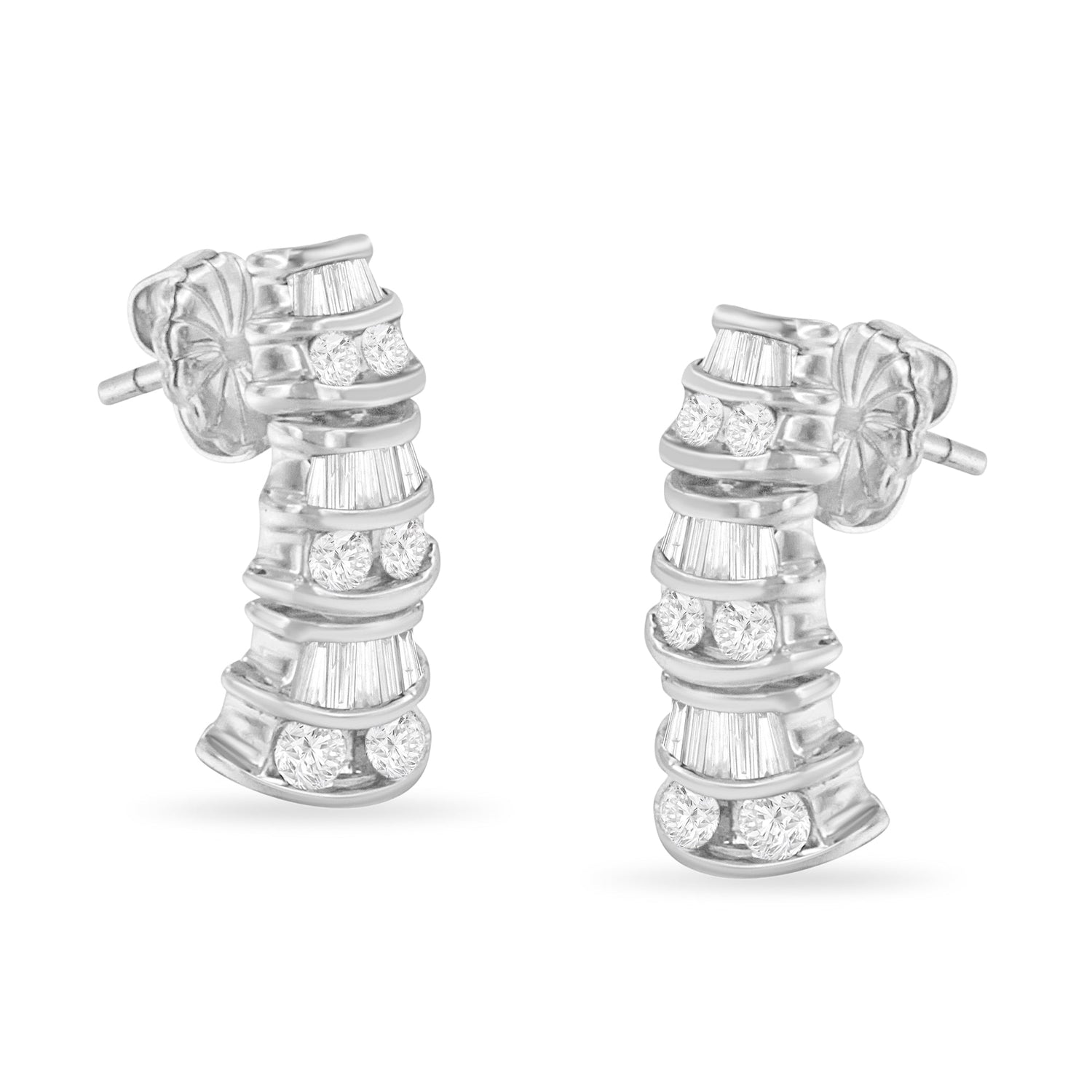 14K White Gold 7/8 cttw Baguette &amp; Round Brilliant-Cut Diamond Dangle Multi Row Earrings (H-I Color, SI2-I1 Clarity) by Bids.com