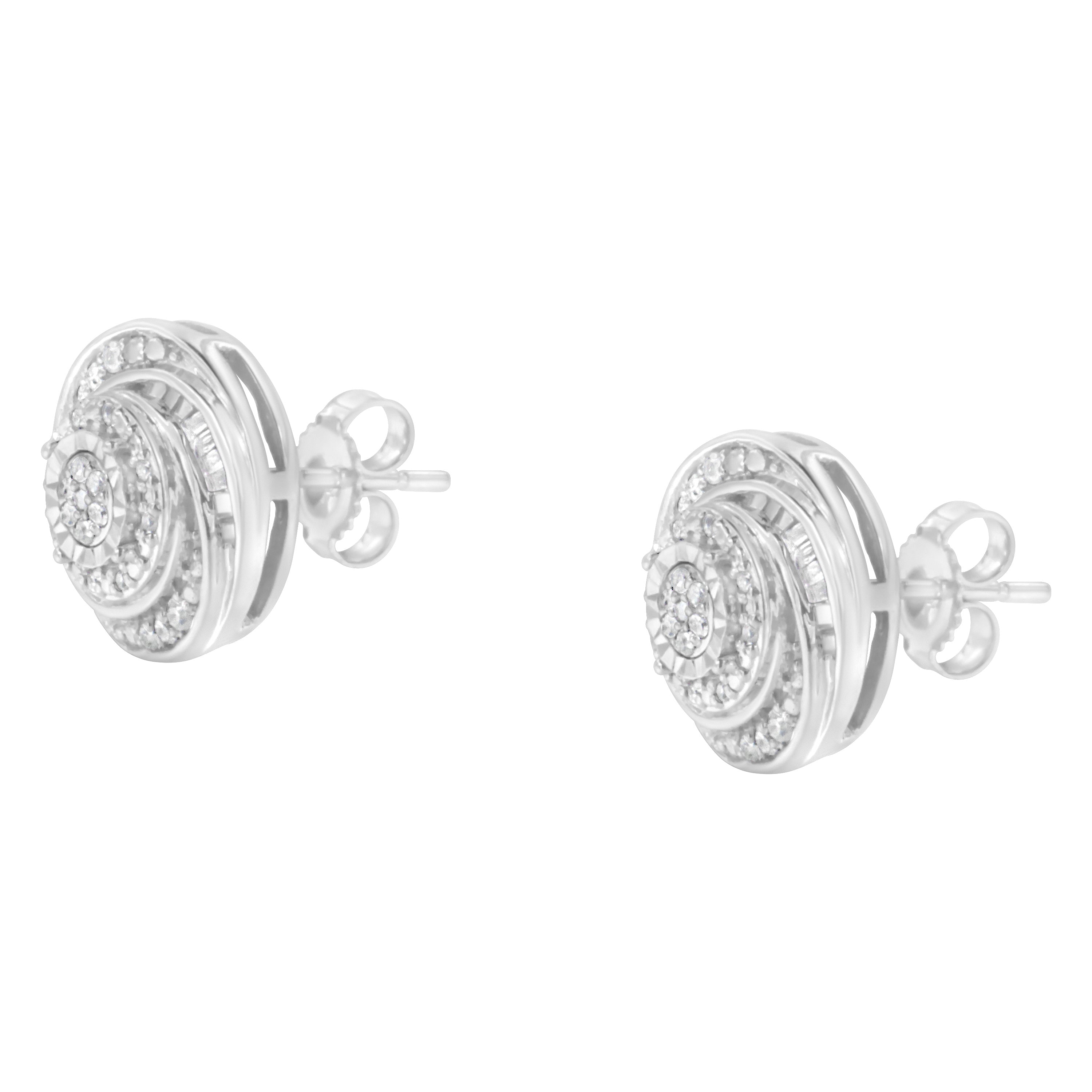 .925 Sterling Silver 1/4 Cttw Baguette and Round Diamond Swirl Love Knot Stud Earrings (I-J Color, I3 Clarity)  DestGlow
