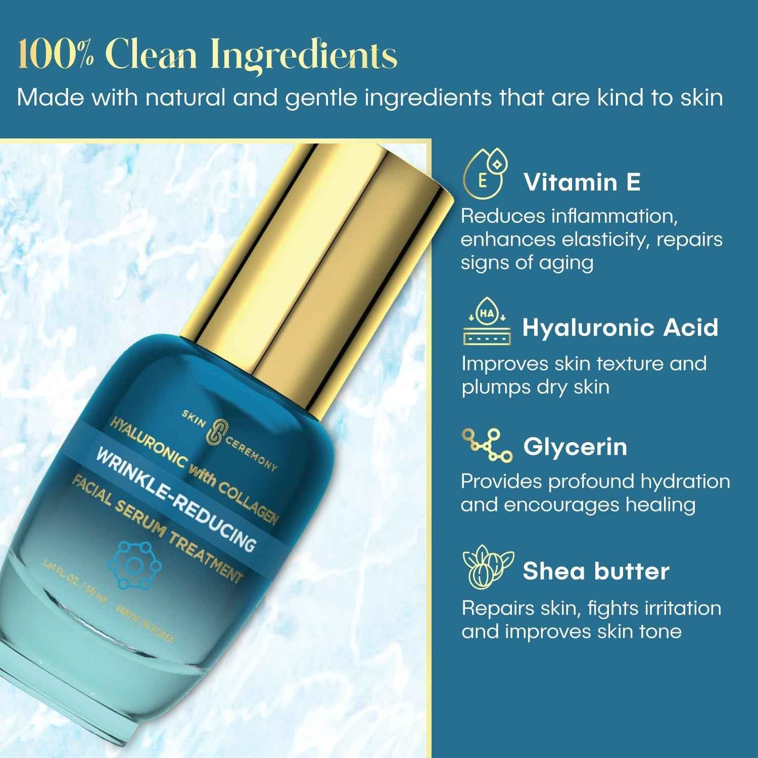 Hyaluronic Acid &amp; Collagen Wrinkle Reducing Serum - Deep Hydration, Plumps &amp; Smooths Skin - Dermatologist Tested, Clean Beauty, Korean Skin Care - 1.69 FL.OZ.