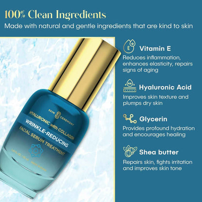 Hyaluronic Acid &amp; Collagen Wrinkle Reducing Serum - Deep Hydration, Plumps &amp; Smooths Skin - Dermatologist Tested, Clean Beauty, Korean Skin Care - 1.69 FL.OZ.