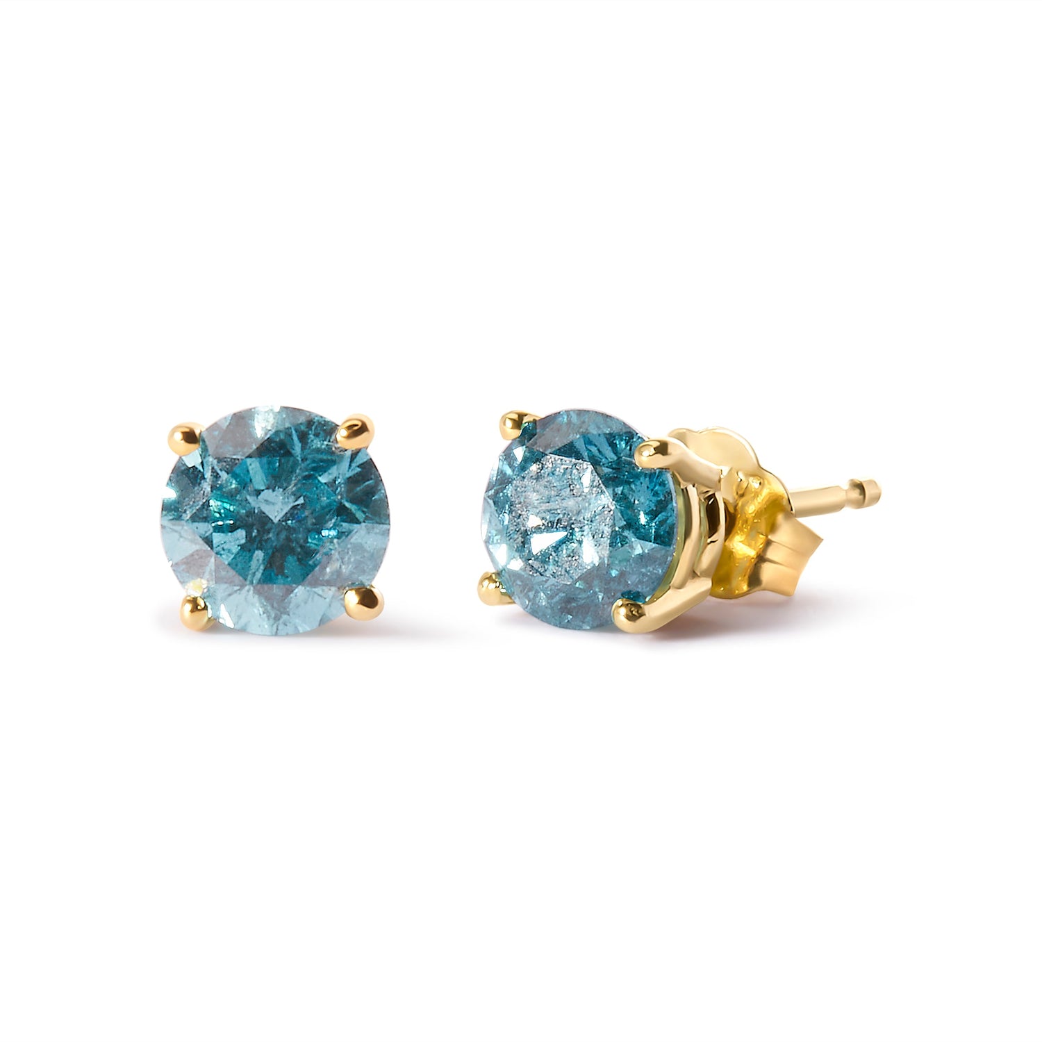 14K Yellow Gold 1.0 Cttw Treated Aqua Blue Diamond Classic Solitaire Stud Earrings (Aqua Blue Color, I2-I3 Clarity) by Bids.com