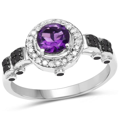 1.02 Carat Genuine Amethyst, Black Diamond &amp; White Diamond .925 Sterling Silver Ring by Bids.com
