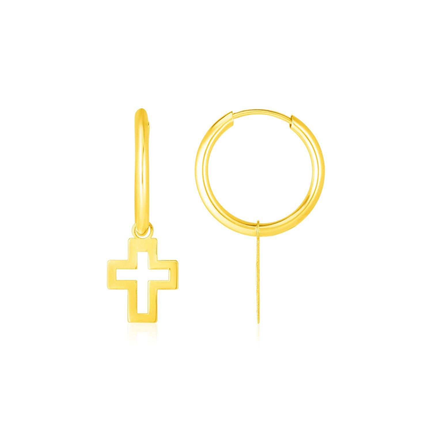 14K Yellow Gold Hoop Polished Earrings with Crosses  DestGlow