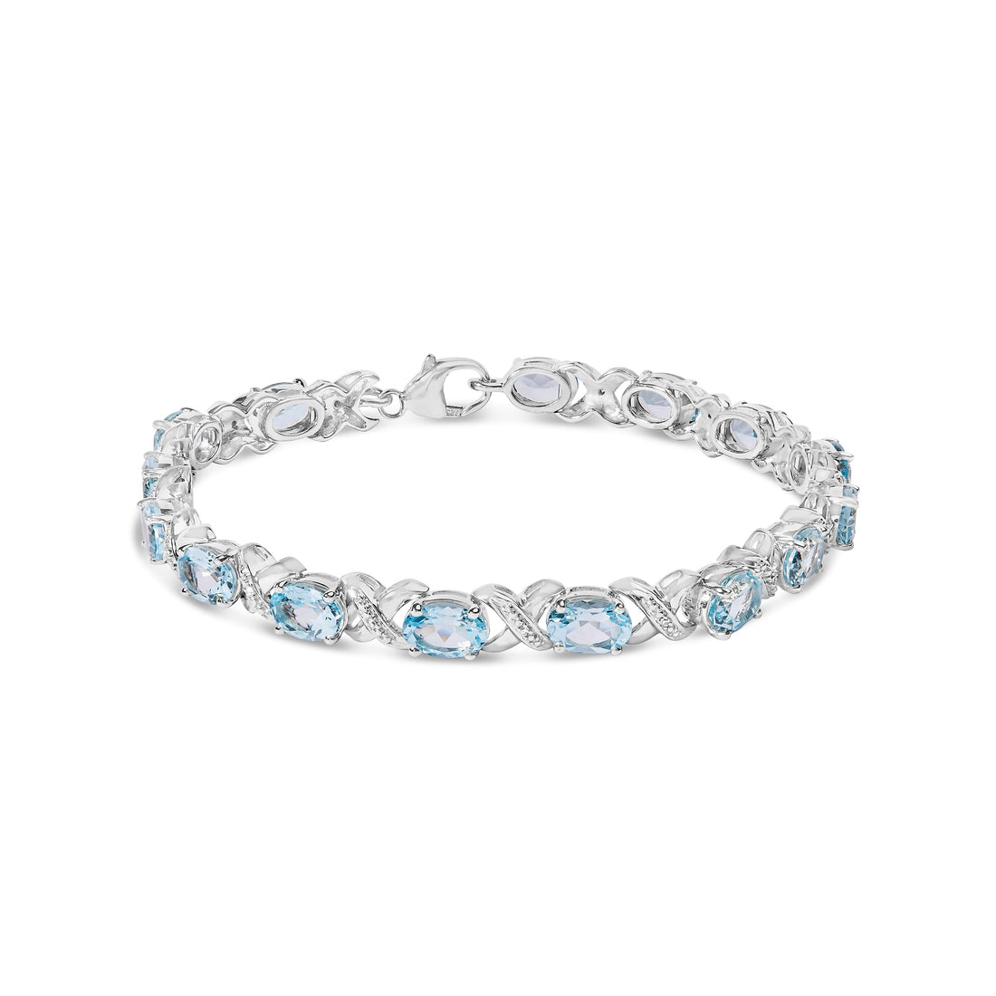 .925 Sterling Silver 16.0 Cttw Oval Blue Topaz and Diamond Accent Tennis X Link Bracelet (I-J Color, I1-I2 Clarity) - Size 7" Inch  DestGlow