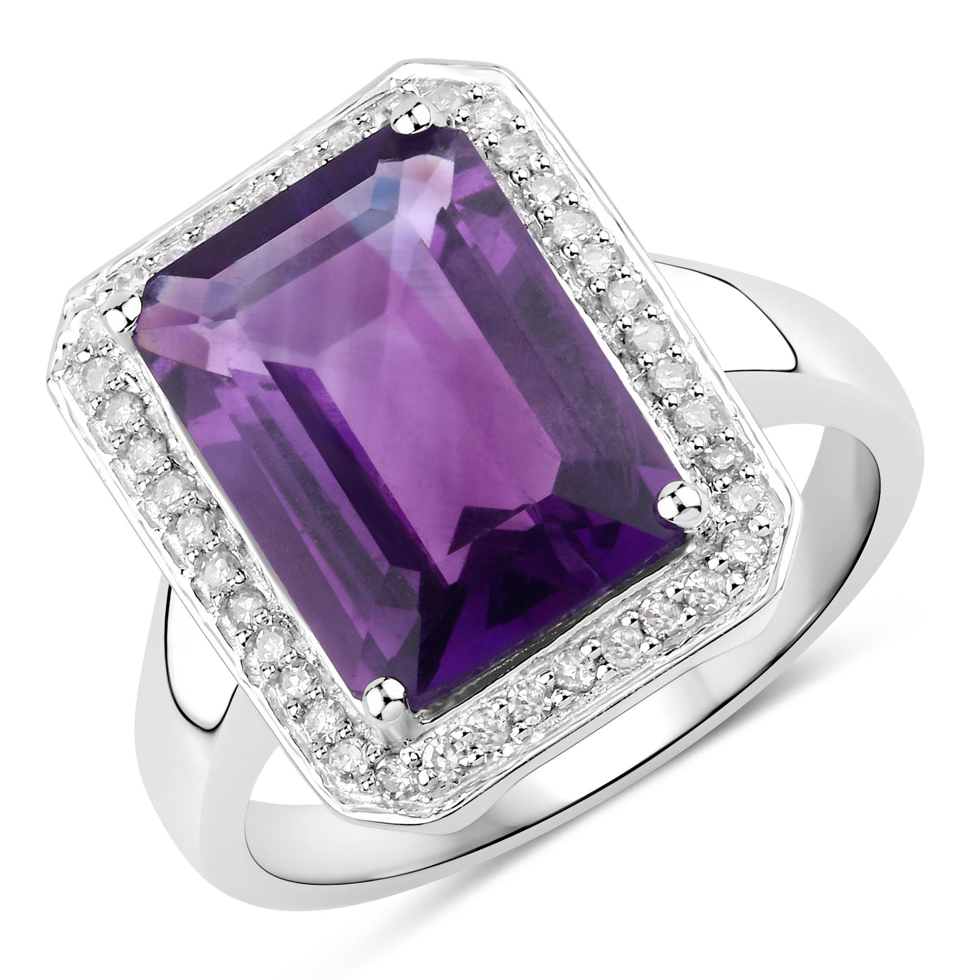 5.33 Carat Genuine Amethyst and White Diamond .925 Sterling Silver Ring  DestGlow