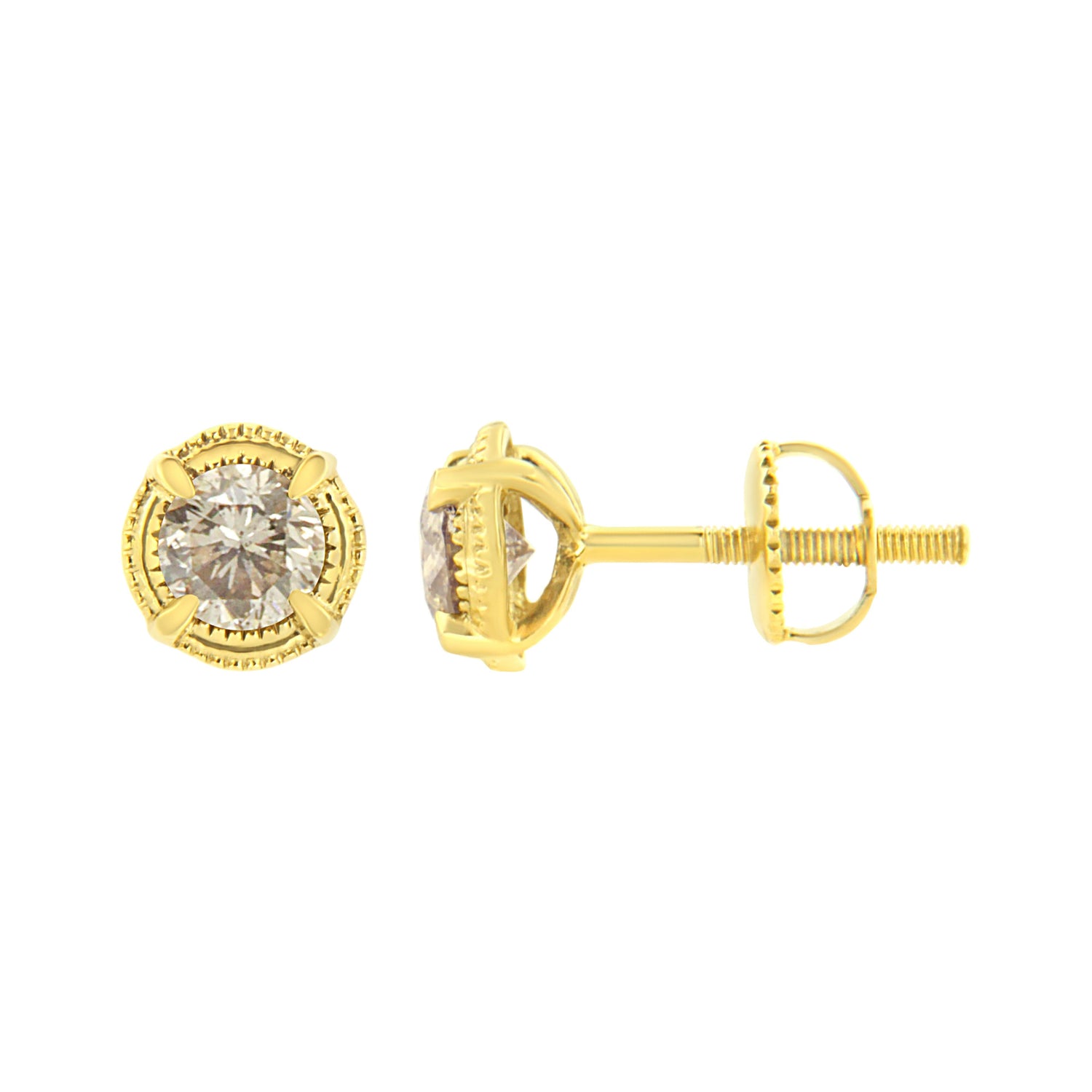 14K Yellow Gold Plated .925 Sterling Silver 1.0 Cttw Round Brilliant Cut Diamond Solitaire Milgrain Stud Earrings (K-L Color, I2-I3 Clarity) by Bids.com