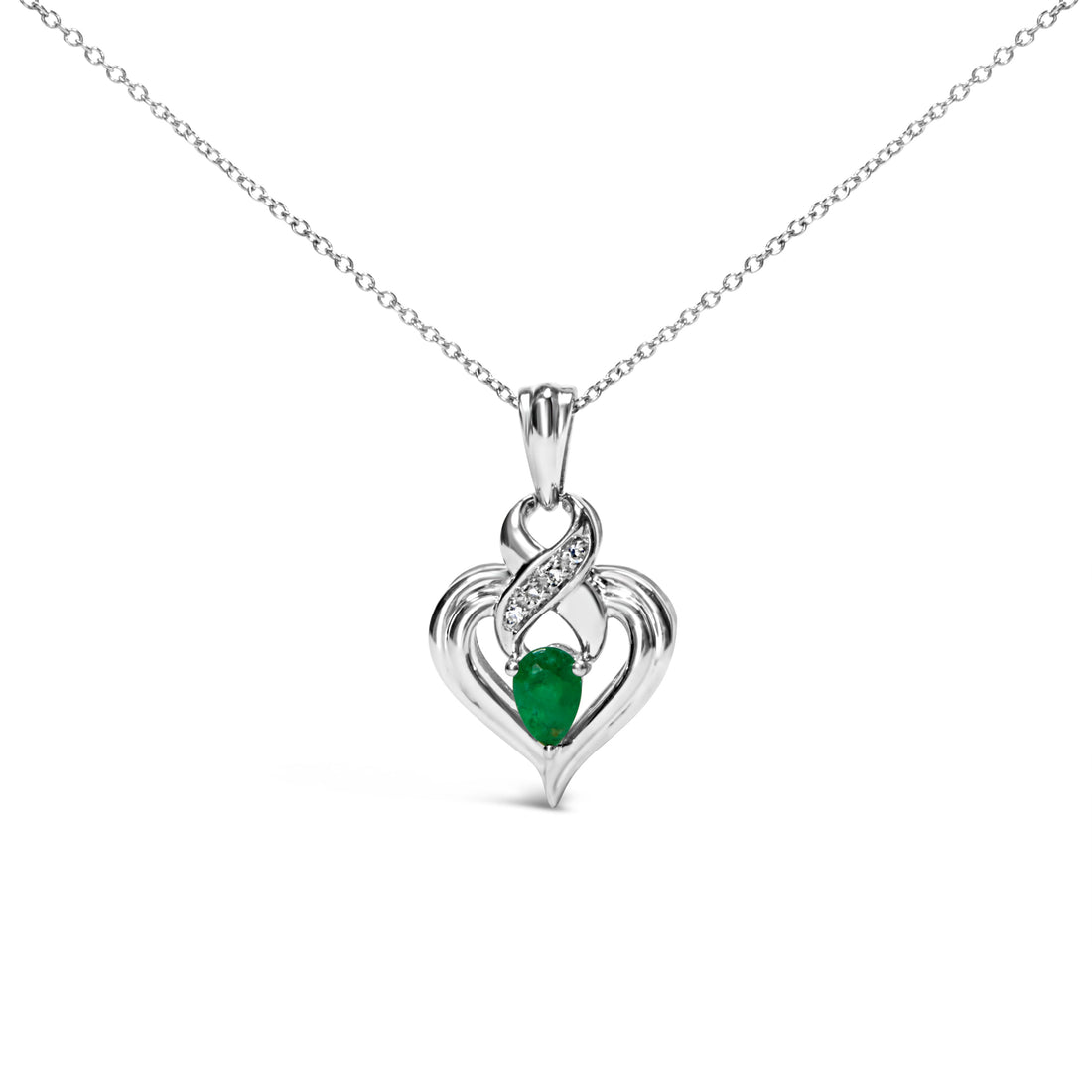.925 Sterling Silver 6x4mm Pear Emerald and Diamond Accent Heart Pendant Necklace (H-I Color, SI1-SI2 Clarity) - 18 Inches by Bids.com