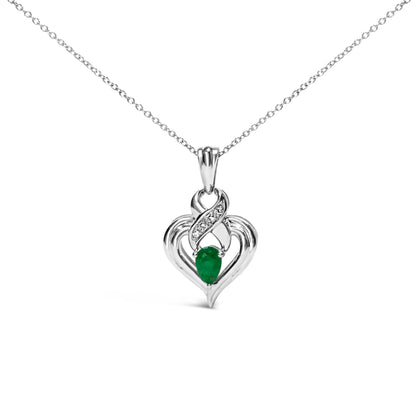 .925 Sterling Silver 6x4mm Pear Emerald and Diamond Accent Heart Pendant Necklace (H-I Color, SI1-SI2 Clarity) - 18 Inches by Bids.com