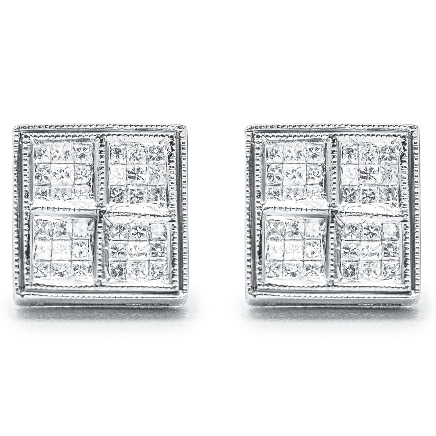 14K White Gold 1/2 Cttw Princess Diamond Composite Box Shape Milgrain Stud Earrings (H-I Color, SI1-SI2 Clarity) by Bids.com