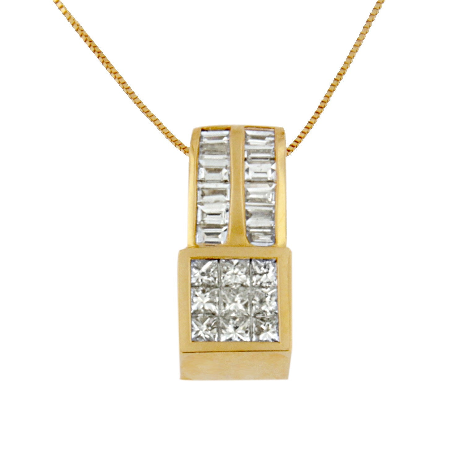 14K Yellow Gold 1 1/4 cttw Princess and Baguette Cut Geometric Inspired Diamond Pendant Necklace (H-I, VS1-VS2) by Bids.com