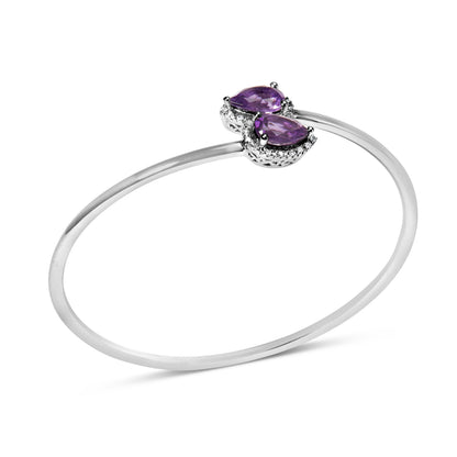 .925 Sterling Silver 8 x 5.5mm Pear Shape Amethyst and Diamond Accent Halo Bypass Bangle Bracelet (H-I Color, SI1-SI2 Clarity) - Fits up to 7" Inches by Bids.com