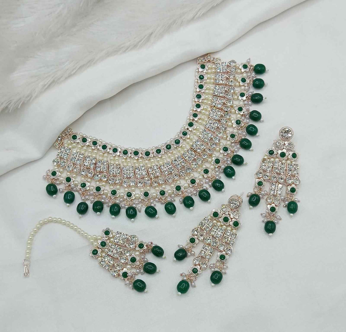 Joban Fashion Green Stone With Pearl Work Necklace Set