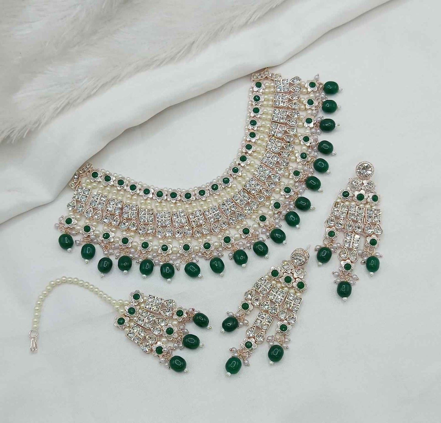 Joban Fashion Green Stone With Pearl Work Necklace Set