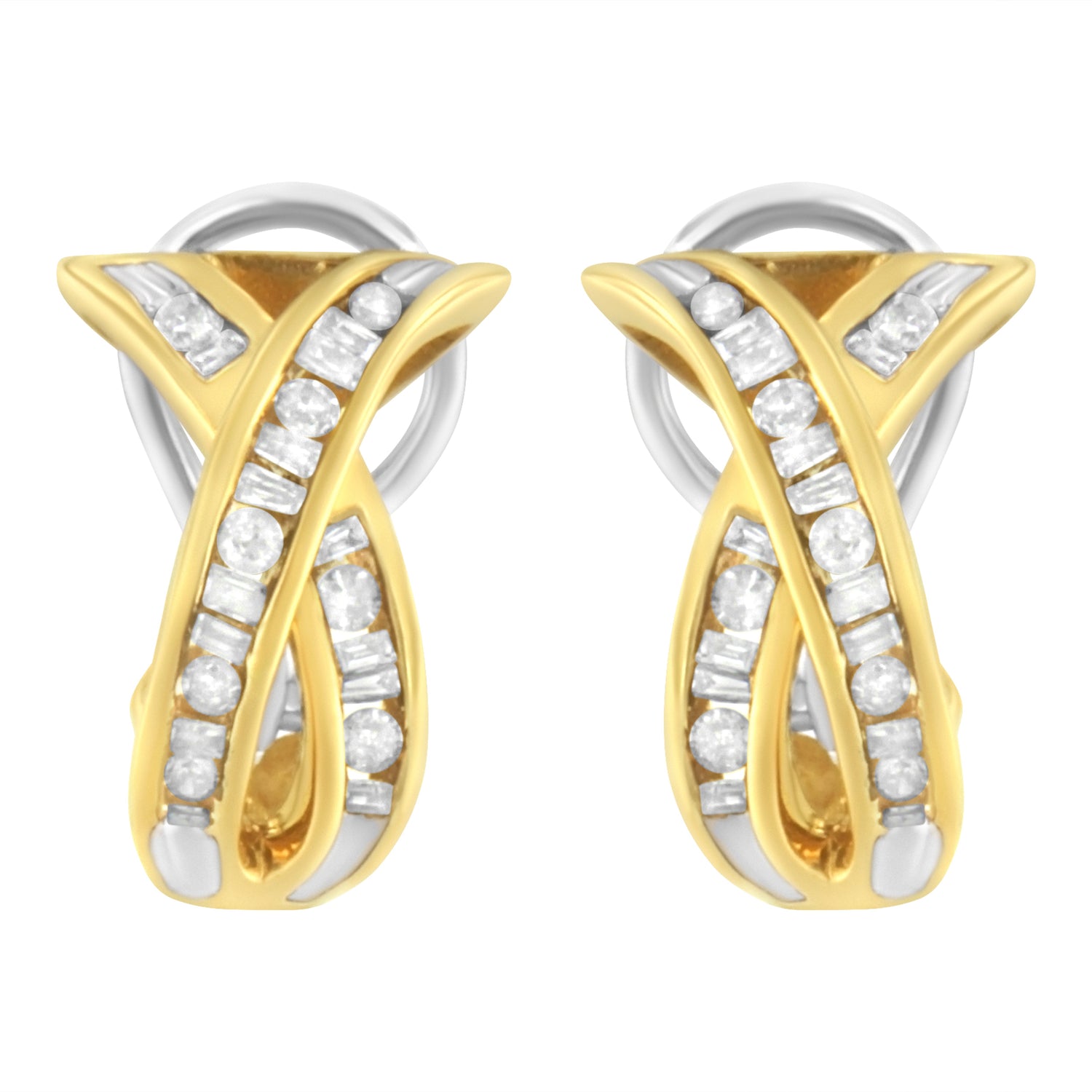 14K Yellow and White Gold 1/2 TDW "X" Shape Cross Over Diamond Hoop Earrings (I-J, I2-I3) by Bids.com