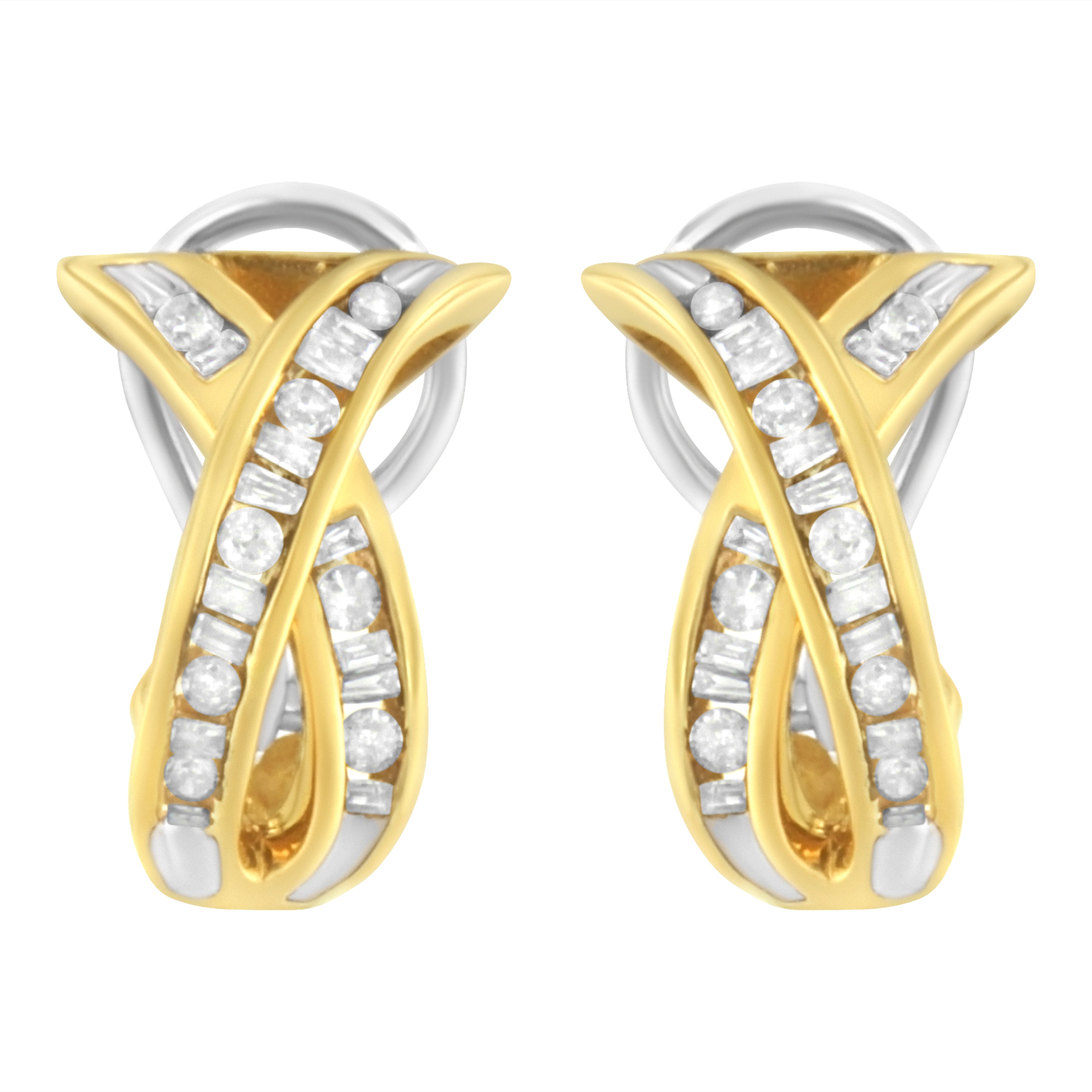 14K Yellow and White Gold 1/2 TDW "X" Shape Cross Over Diamond Hoop Earrings (I-J, I2-I3) by Bids.com