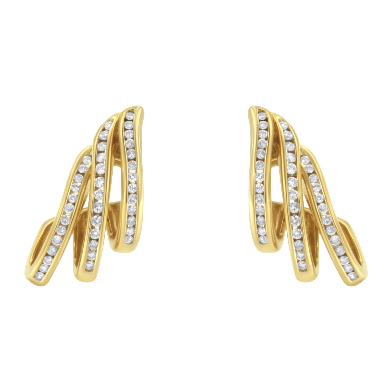 10K Yellow Gold 1.0 Cttw Round Brilliant Cut Diamond Spiral Multi Row Channel Set Open Hoop Pushback Stud Earrings (H-I Color, I1-I2 Clarity) by Bids.com