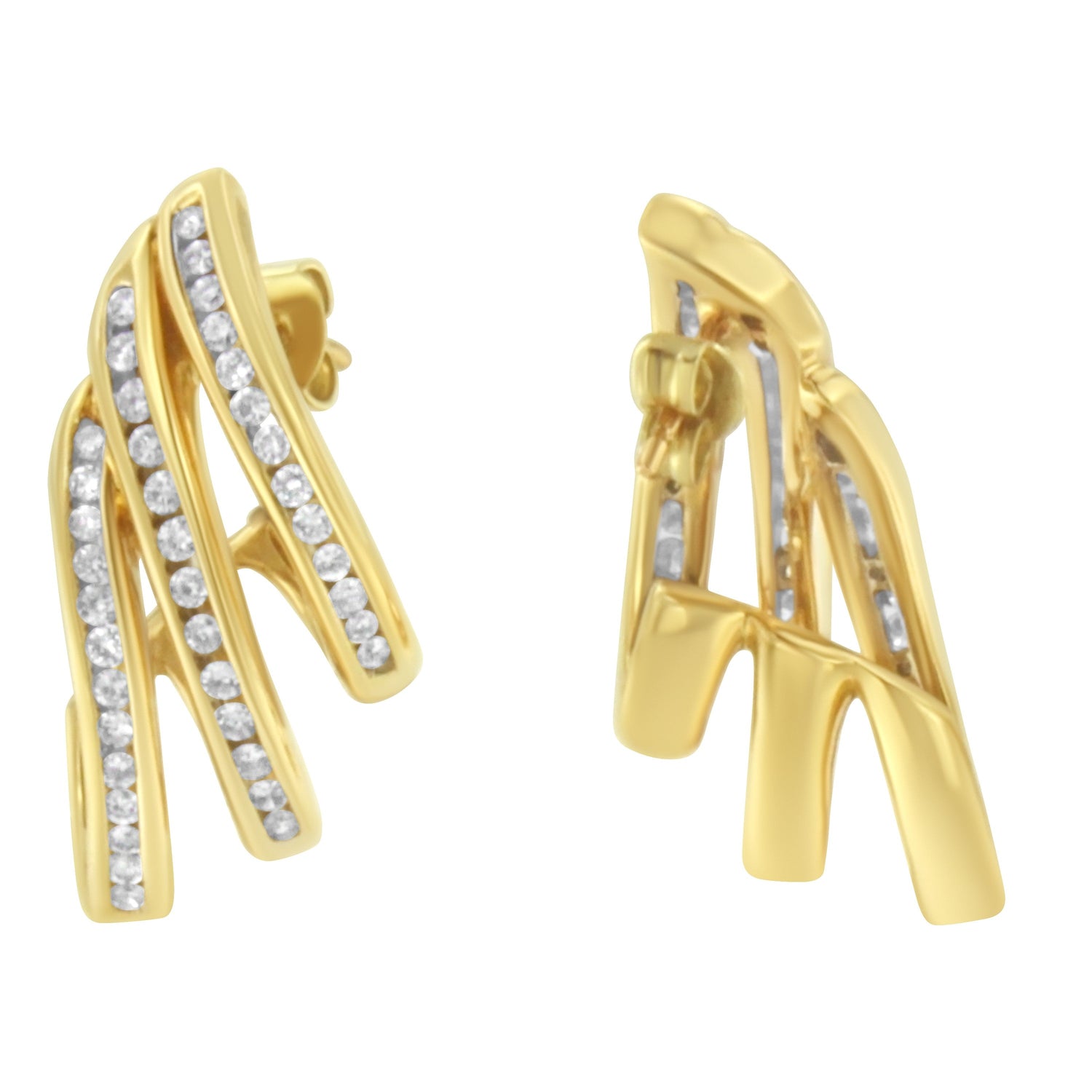 10K Yellow Gold 1.0 Cttw Round Brilliant Cut Diamond Spiral Multi Row Channel Set Open Hoop Pushback Stud Earrings (H-I Color, I1-I2 Clarity) by Bids.com