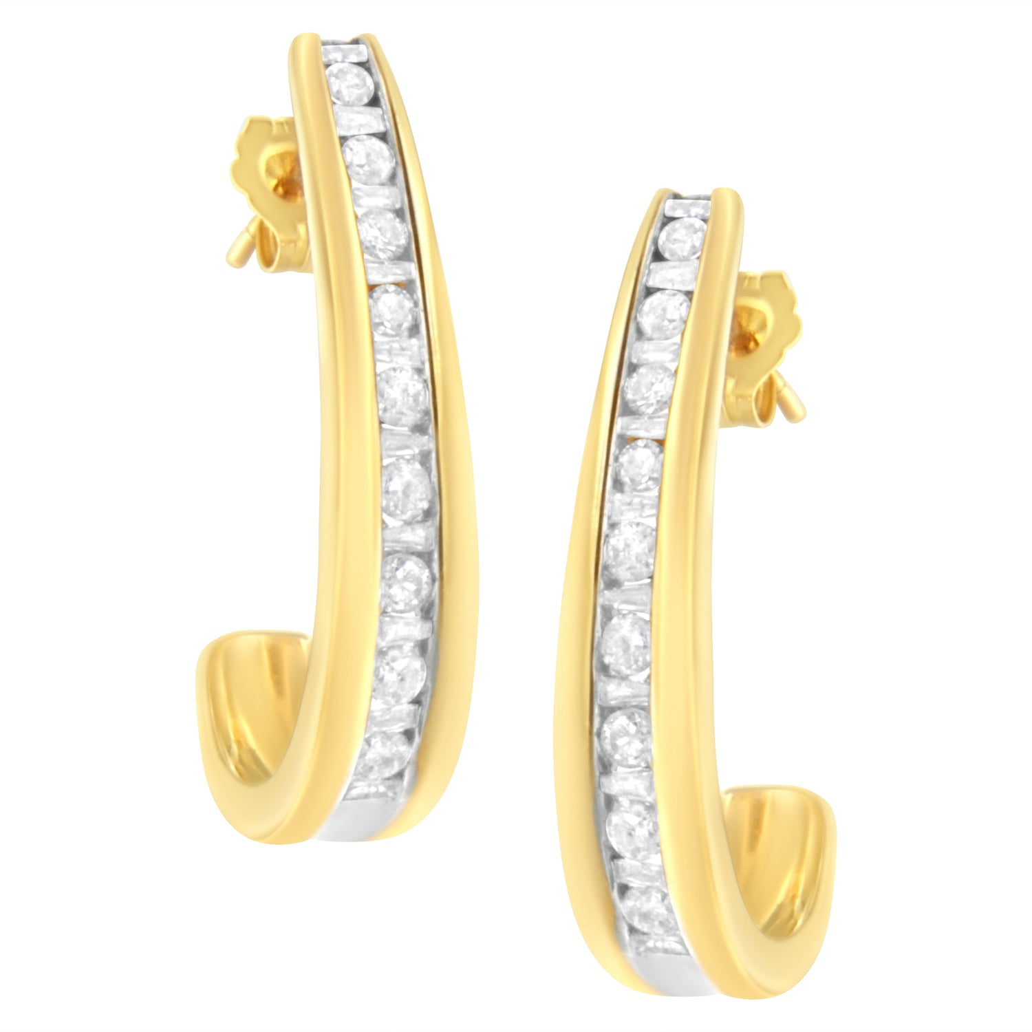 10K Yellow Gold 1 cttw Channel Set Diamond J-Hoop Earrings (H-I Clarity, I1-I2 Color) by Bids.com