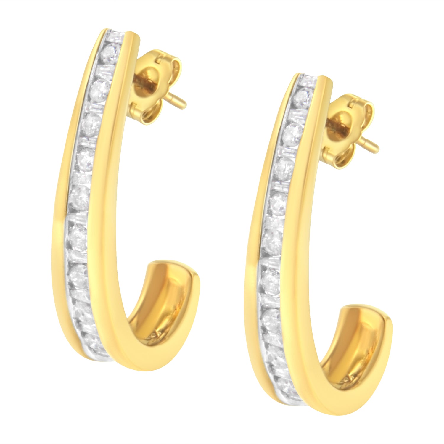 10K Yellow Gold 1 cttw Channel Set Diamond J-Hoop Earrings (H-I Clarity, I1-I2 Color) by Bids.com