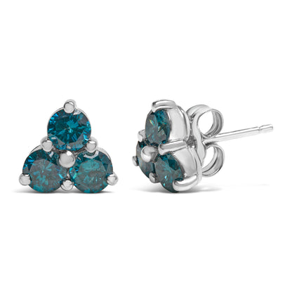 14KT White Gold Treated Blue Diamond Trio Stud Earrings (1 1/3 cttw, Blue) by Bids.com