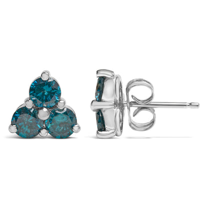 14KT White Gold Treated Blue Diamond Trio Stud Earrings (1 1/3 cttw, Blue) by Bids.com
