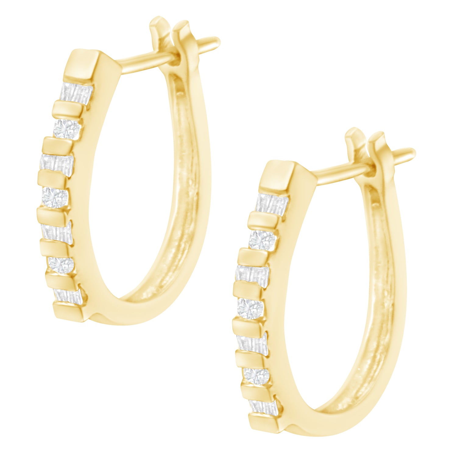 10K Yellow Gold Round and Baguette Cut Diamond Oblong Hinged Leverback Hoop Earrings (Â¼ Cttw, I-J Color, I2-I3 Clarity) by Bids.com