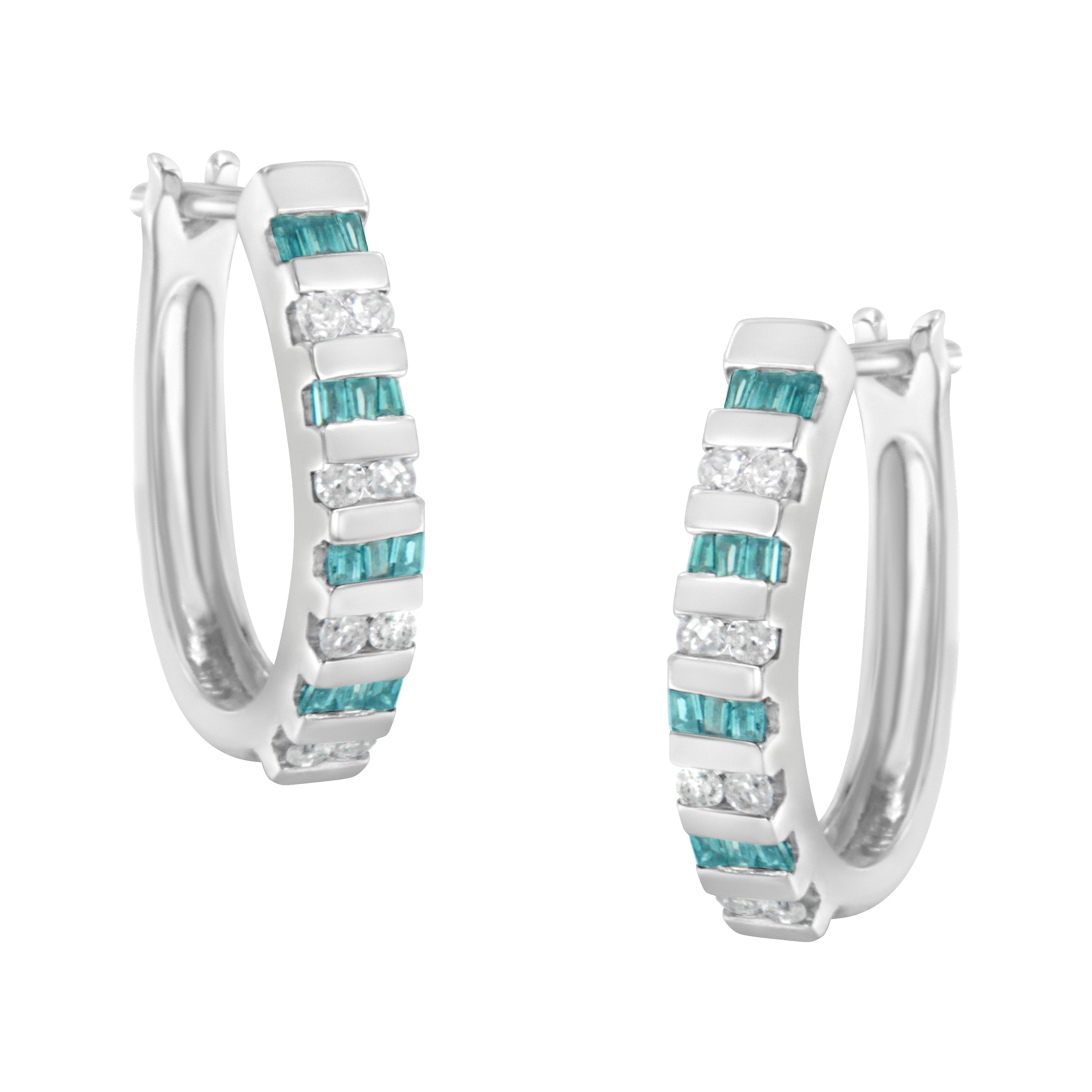 10k White Gold Round and Blue Baguette 1/2 cttw Diamond Hoop Earrings (I-J Color, I2-I3 Clarity) by Bids.com