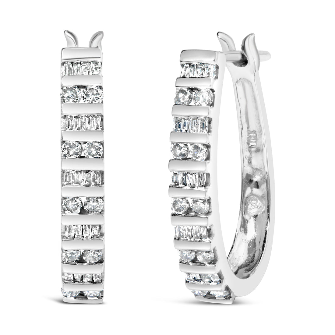 10K White Gold 1.0 Cttw Alternating Diamond "U" Hoop Earrings (I-J Color, I2-I3 Clarity) by Bids.com