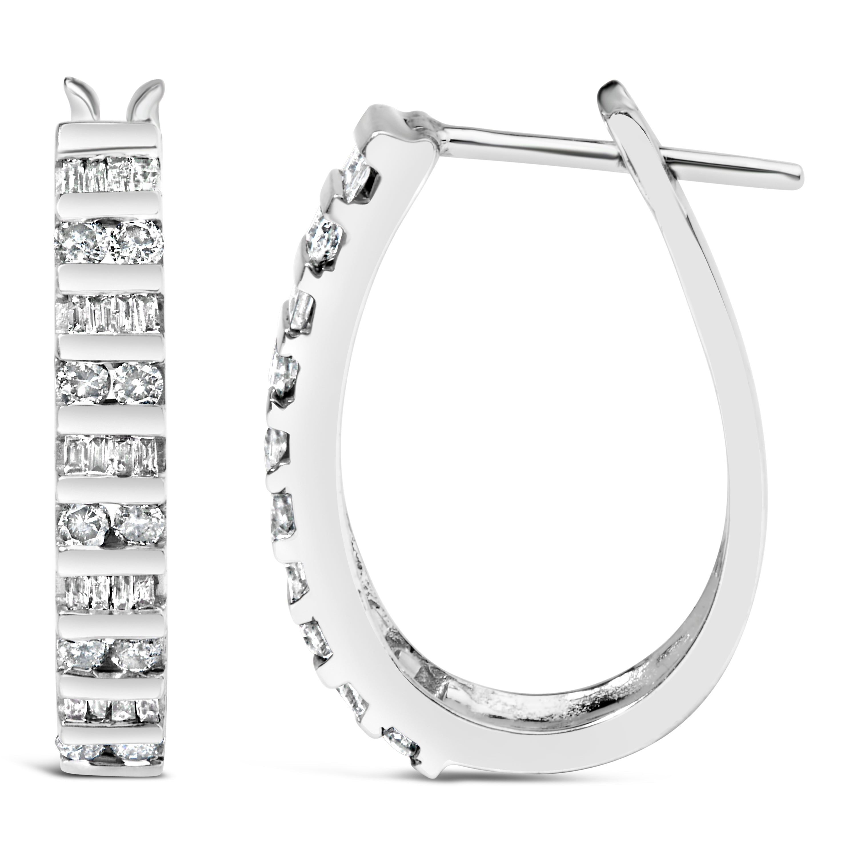 10K White Gold 1.0 Cttw Alternating Diamond "U" Hoop Earrings (I-J Color, I2-I3 Clarity) by Bids.com