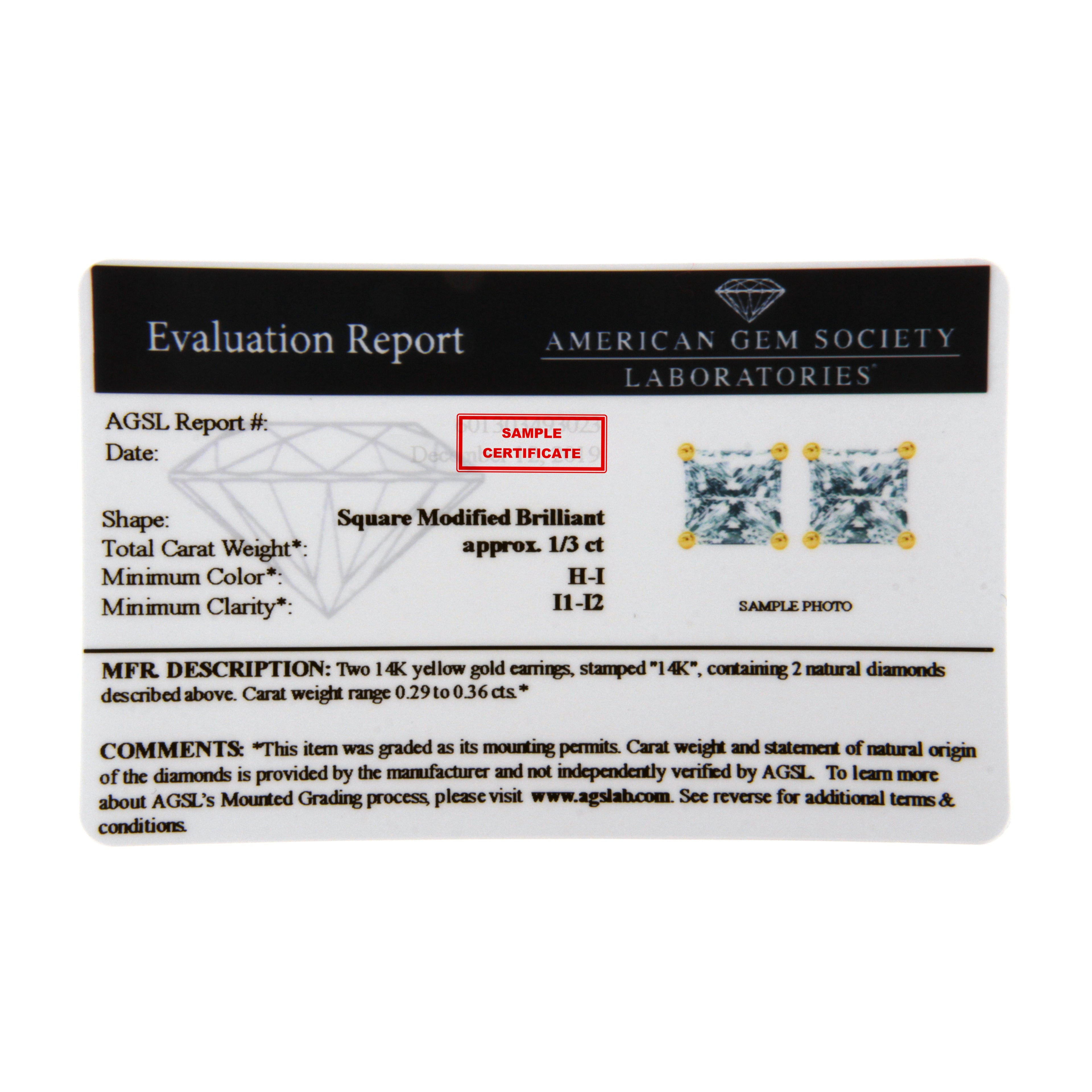 14K Yellow Gold Clarity Enhanced Princess Cut Diamond Certified Stud Earrings (0.50 cttw, H-I Color, I1-I2 Clarity) by Bids.com