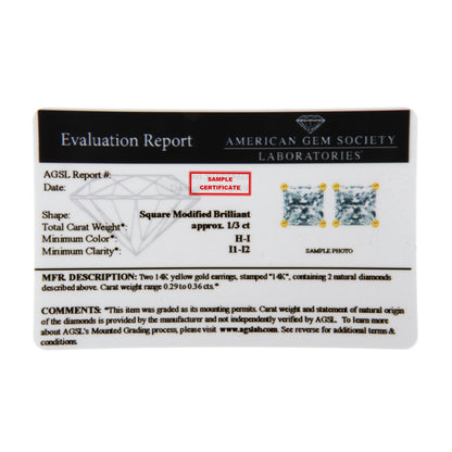 14K Yellow Gold Clarity Enhanced Princess Cut Diamond Certified Stud Earrings (0.50 cttw, H-I Color, I1-I2 Clarity) by Bids.com