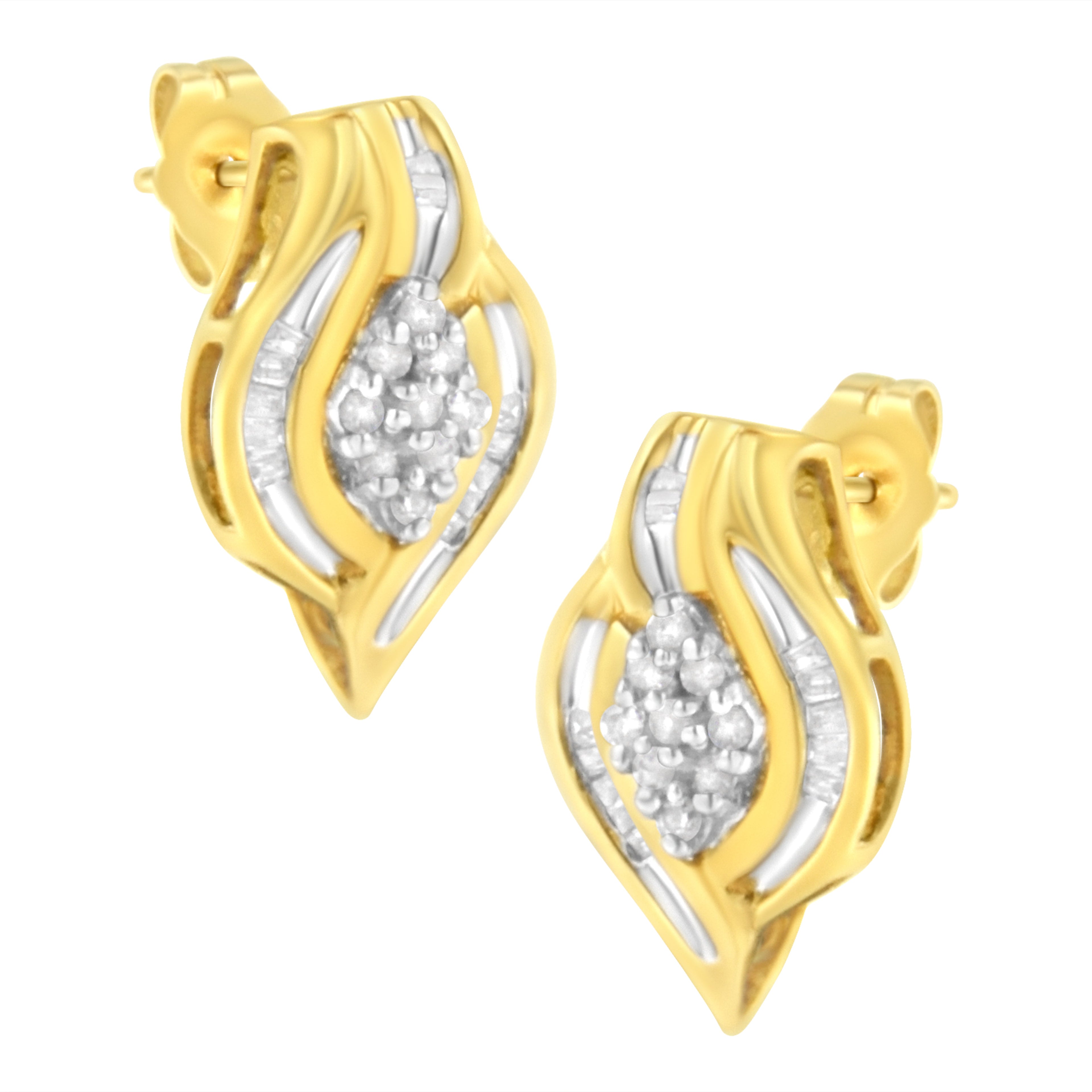 10K Yellow Gold 1/3 cttw Round-Cut Diamond Cluster and Swirl Stud Earrings (J-K Clarity, I2-I3 Color) by Bids.com