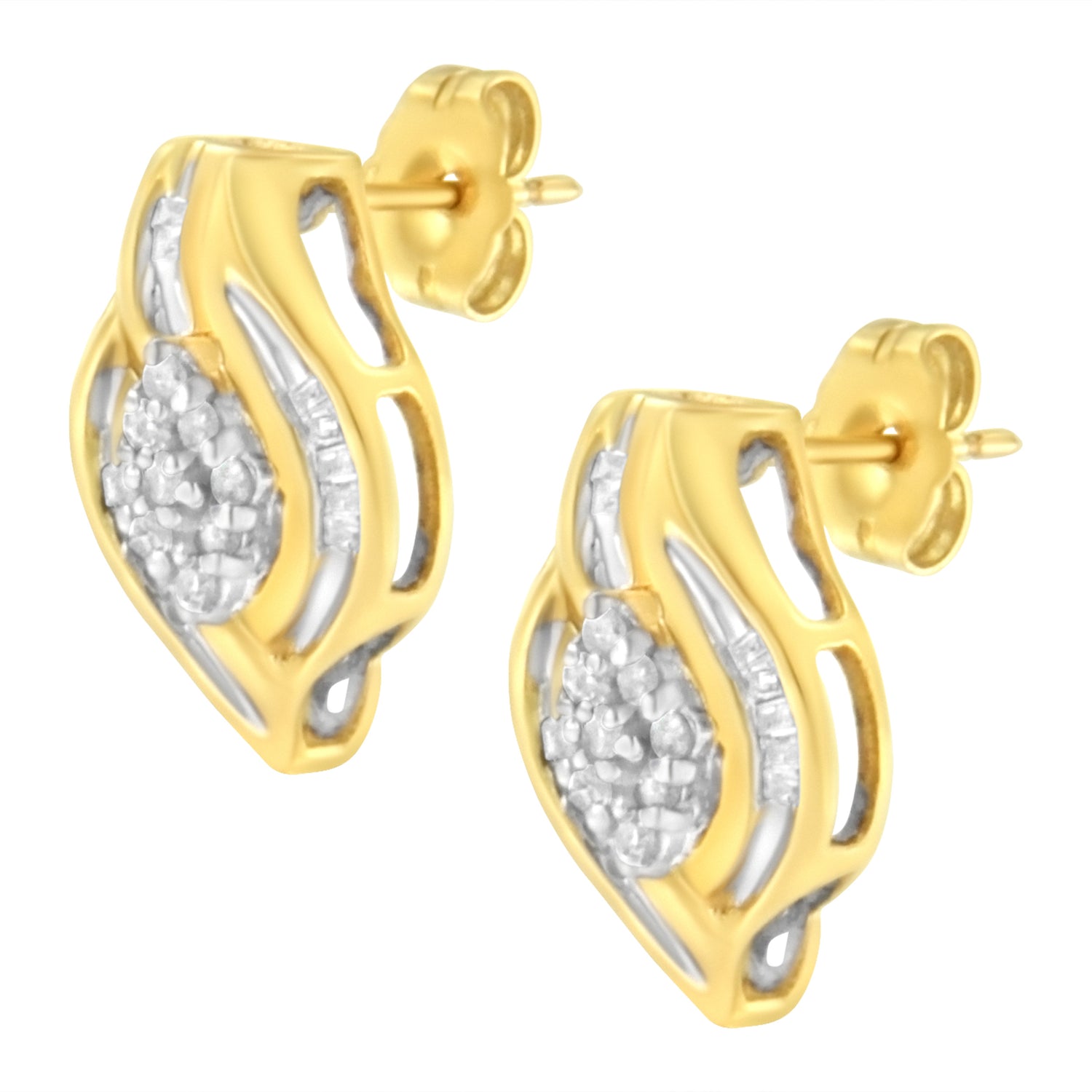 10K Yellow Gold 1/3 cttw Round-Cut Diamond Cluster and Swirl Stud Earrings (J-K Clarity, I2-I3 Color) by Bids.com