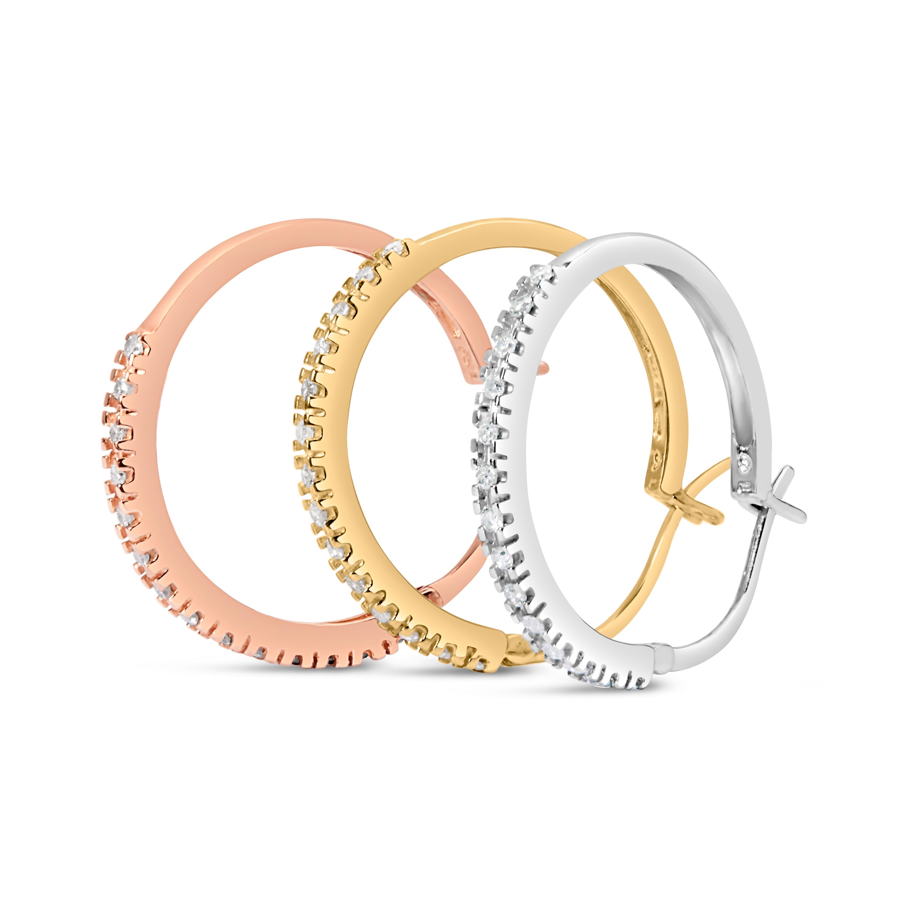 14K Tri-Toned Gold 1/3 Cttw Diamond Triple Hoop Earrings (I-J Color, I2-I3 Clarity) - 22 MM  DestGlow