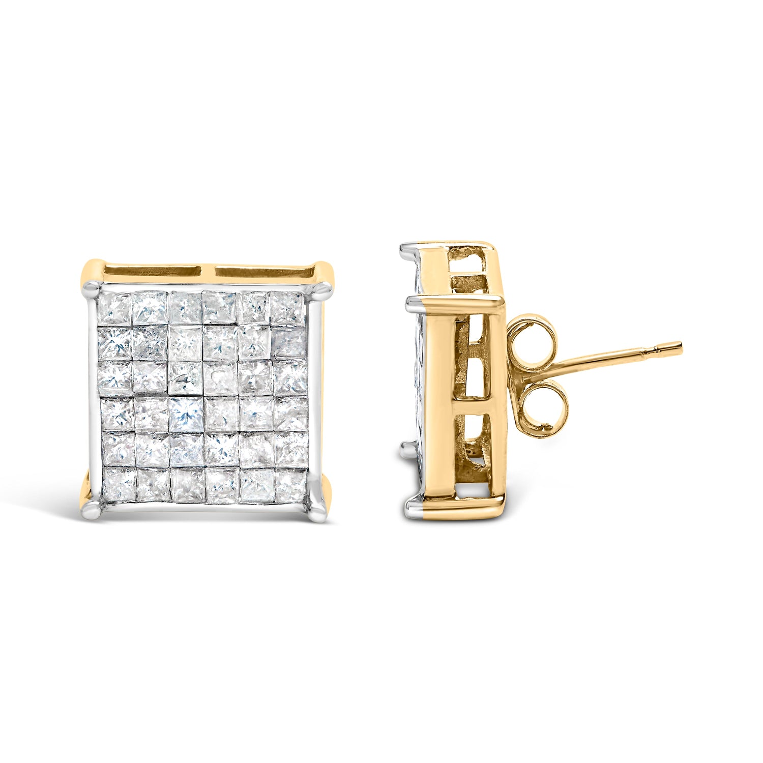 10K Yellow Gold 2.0 Cttw Invisible-Set Princess-Cut Diamond Stud Earrings by Bids.com