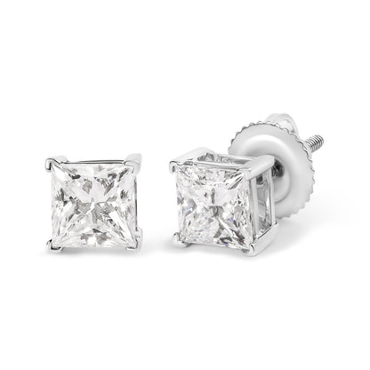 14K White Gold 1 1/2 Cttw Clarity Enhanced Princess Cut Diamond Solitaire Stud Earrings (I-J Color, I1-I2 Clarity) by Bids.com