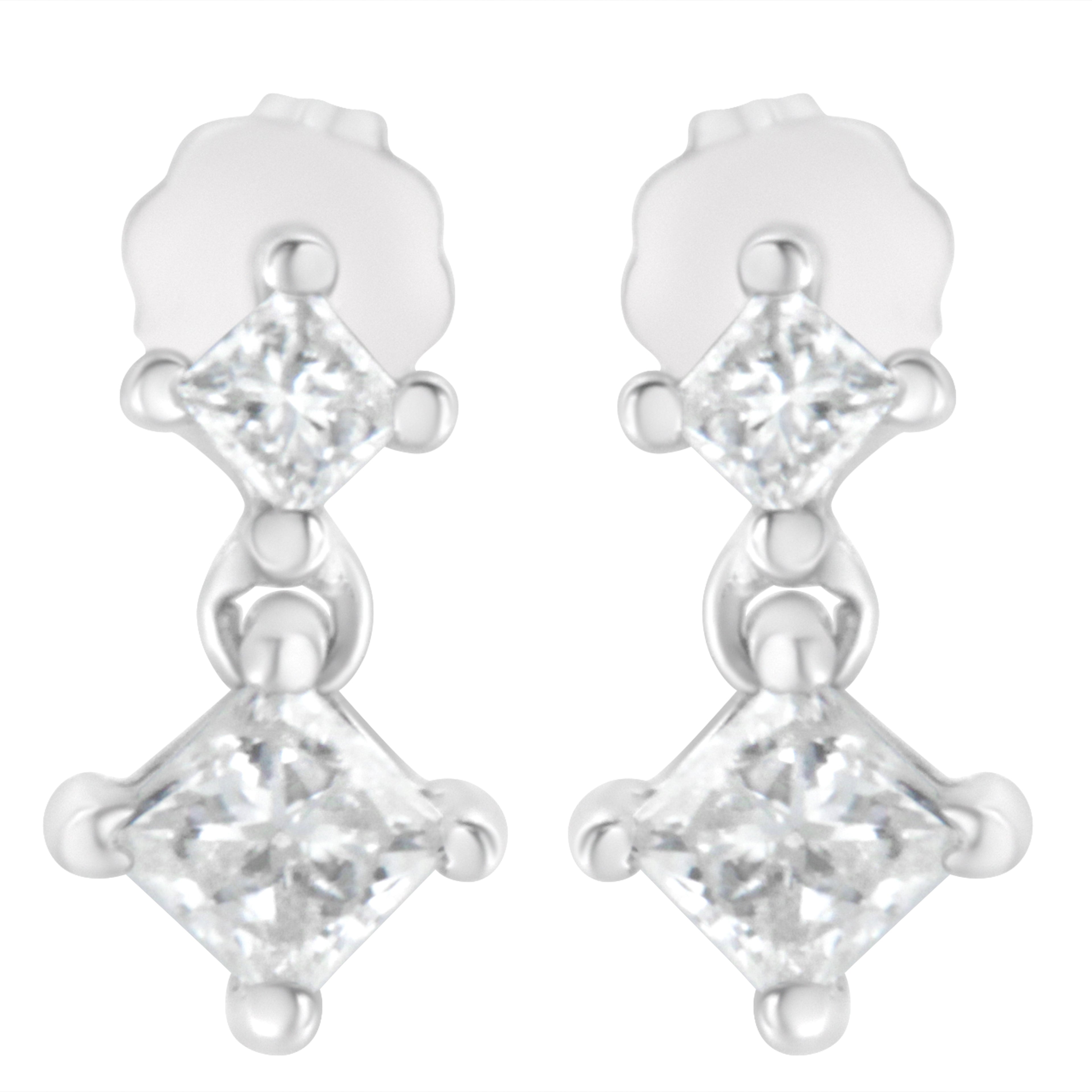 14K White Gold 3/4 cttw Double Diamond Princess-Cut Stud Earrings (I-J Clarity, I2-I3 Color) by Bids.com